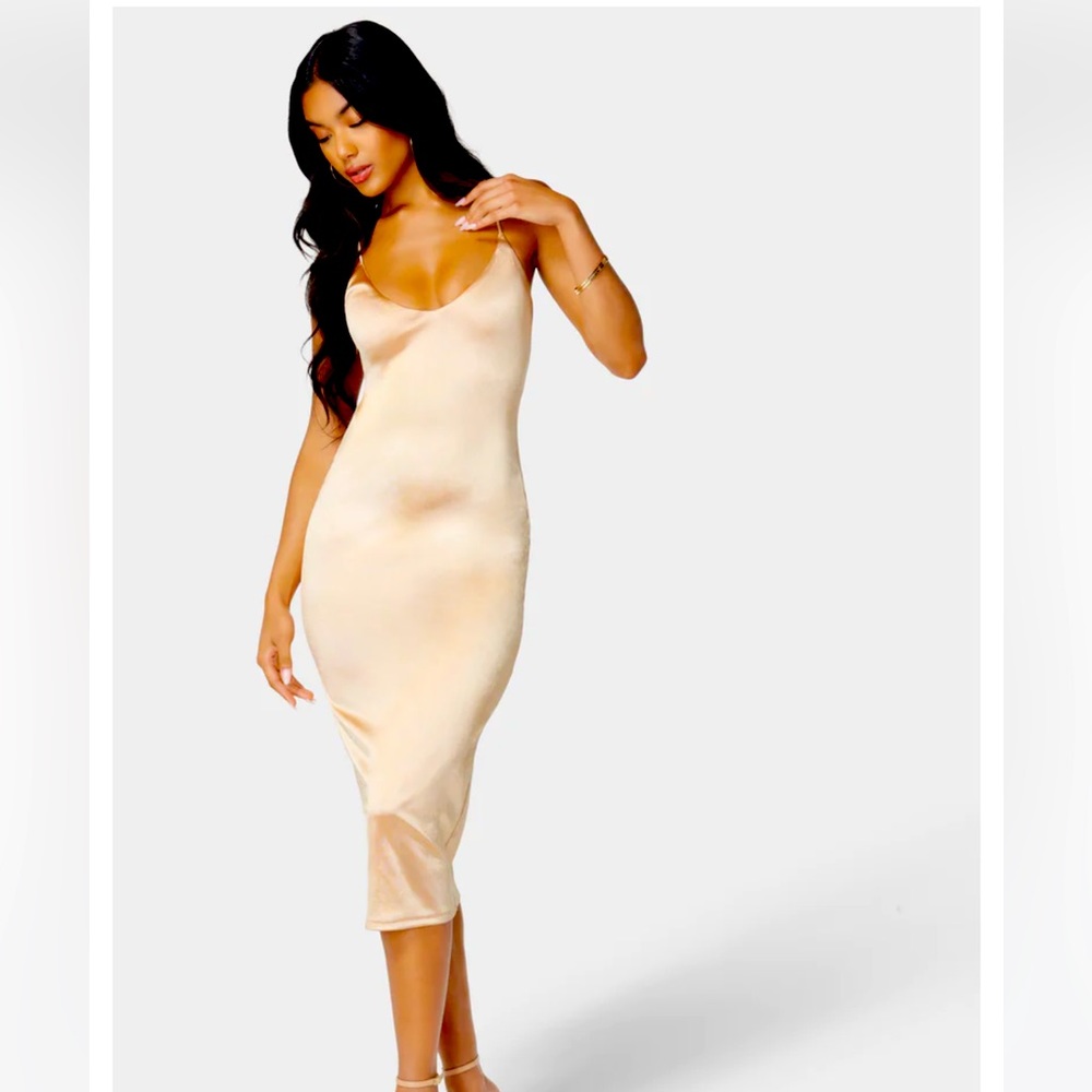 NWT Bebe Strappy Back Satin Midi Dress